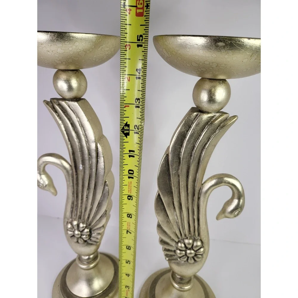 Vintage 1980s Art Deco Gold Swan Pillar Candle Holders - Hollywood Regency 15.5